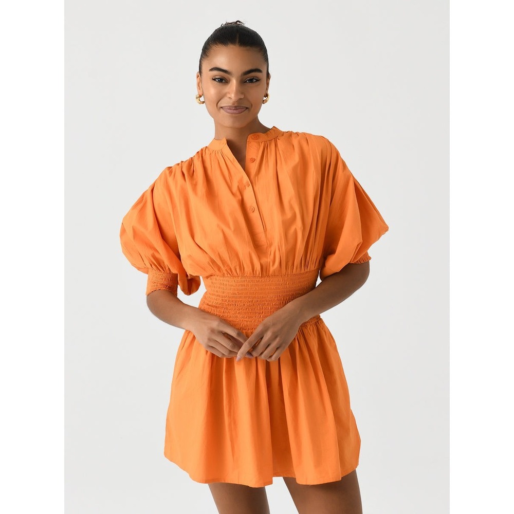 Never A‎ Wallflower Smocked Mini Dress Rust Orange Puff Sleeve Gauze XS $288